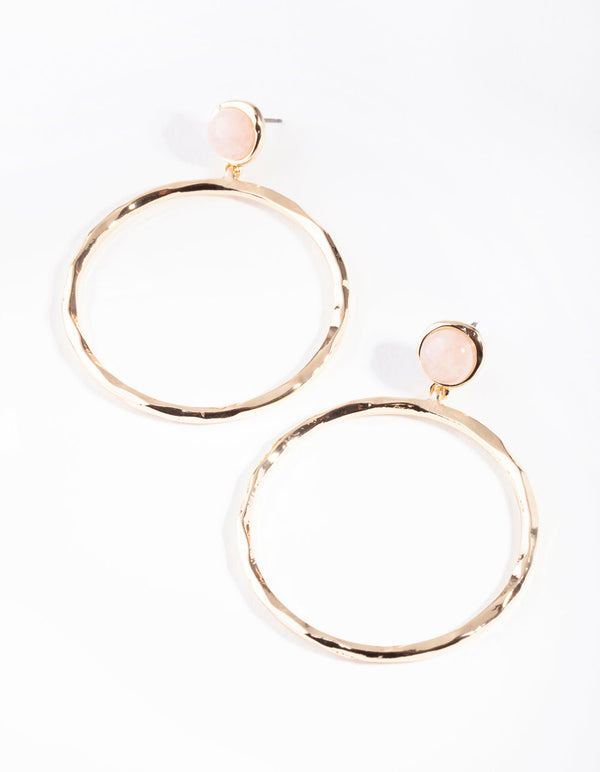 Gold Textured Pink Rose Quartz Circle Earrings