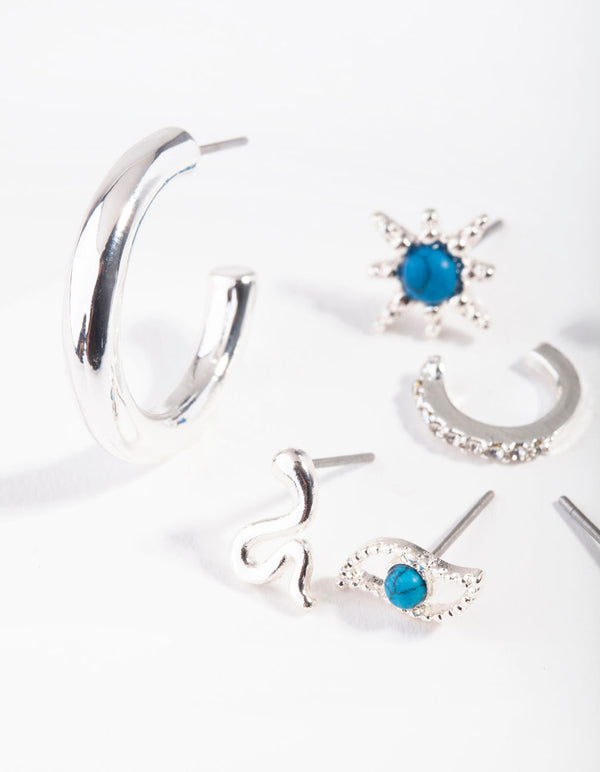 Silver Snake Charm Turquoise Ear Stack
