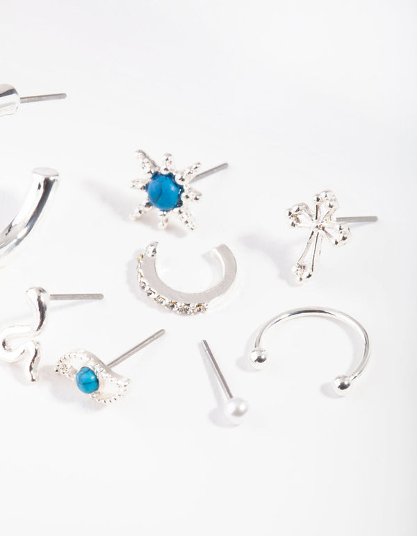 Silver Snake Charm Turquoise Ear Stack