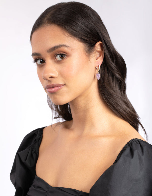 Silver Purple Half Amethyst Hoop Earrings