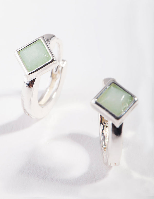 Silver Jade Stone Huggie Earrings