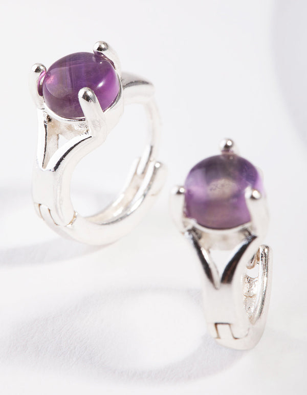 Silver Amethyst Center Stone Huggie Earrings