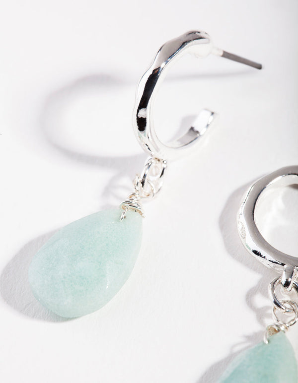 Silver Blue Jade Drop Hoop Earrings
