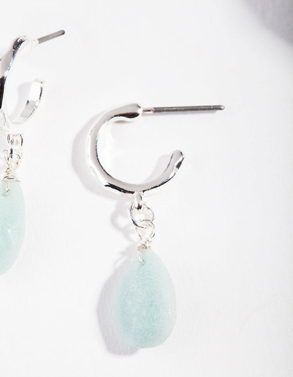 Silver Blue Jade Drop Hoop Earrings