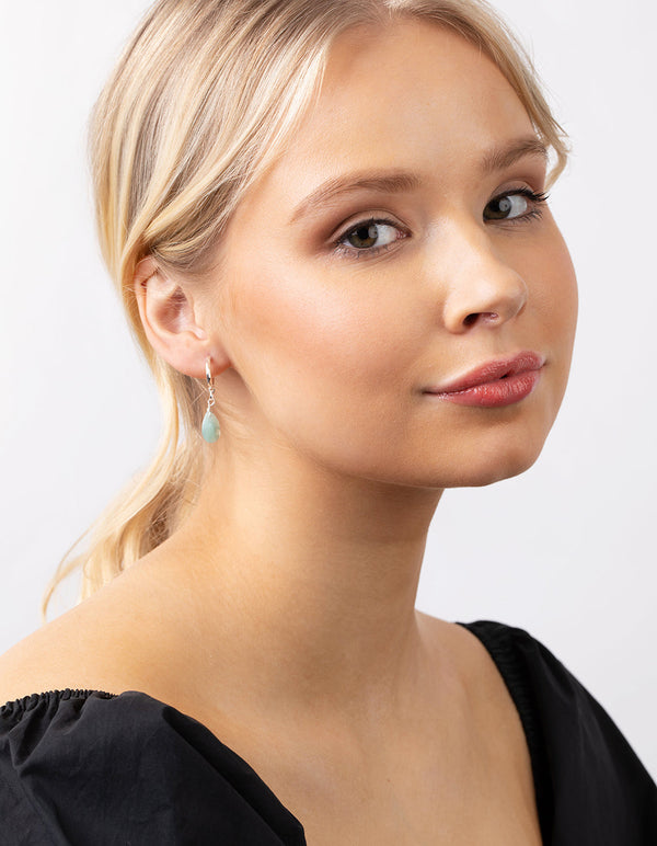 Silver Blue Jade Drop Hoop Earrings