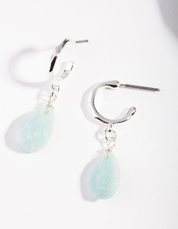 Silver Blue Jade Drop Hoop Earrings