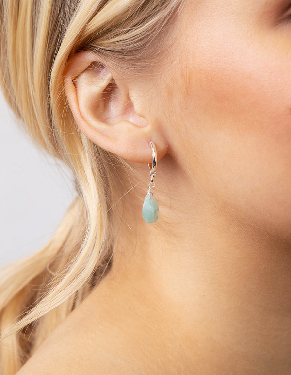 Silver Blue Jade Drop Hoop Earrings