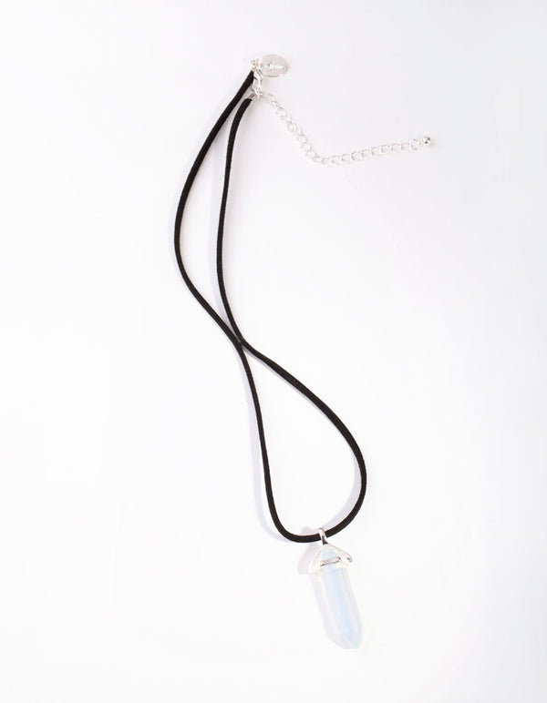 Silver Suede Rope Moonstone Necklace