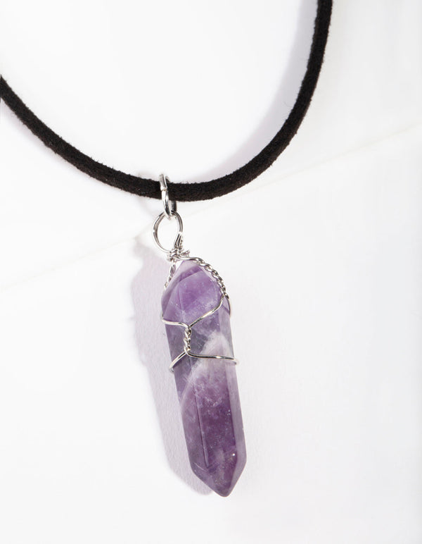 Rhodium Wire Wrap Amethyst Stone Necklace