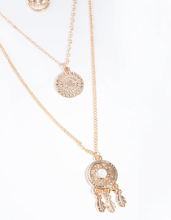 Gold Triple Row Dreamcatcher Moonstone Necklace