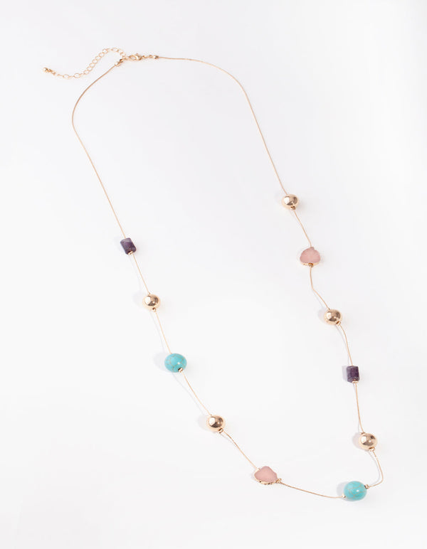 Gold Rose Quartz, Amethyst, Turquoise Long Necklace