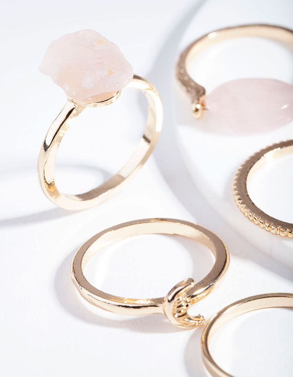 Gold Rose Quartz Moon Wrap Ring Stack