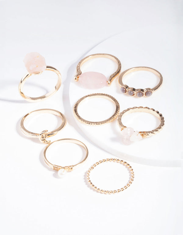Gold Rose Quartz Moon Wrap Ring Stack