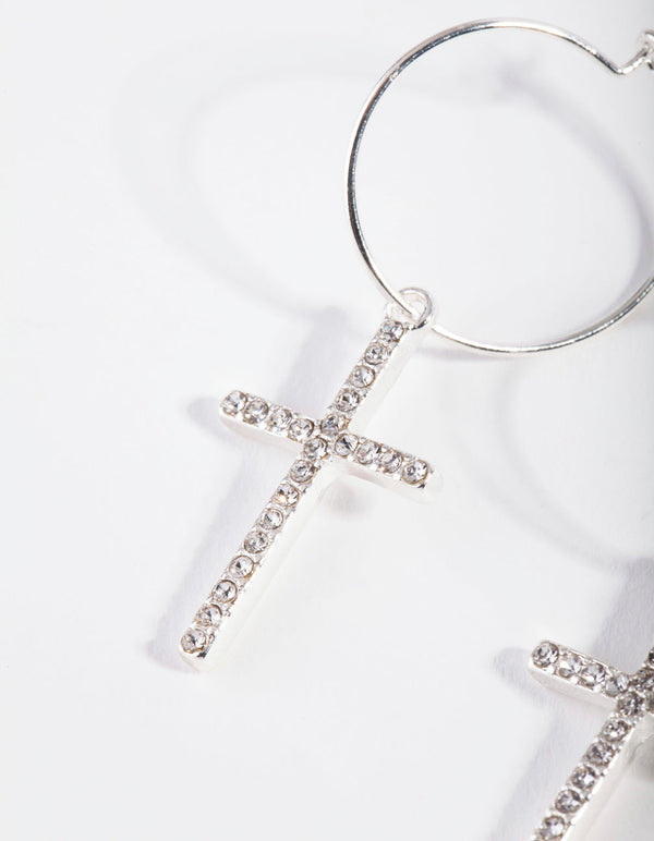 Silver Diamante Fine Wire Cross Hoop Earrings