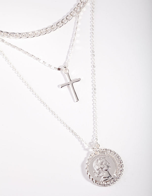 Silver Cross Coin Layered Necklace
