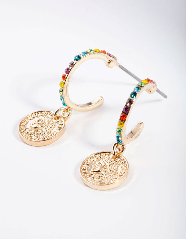 Gold Rainbow Diamante Circle Charm Earrings