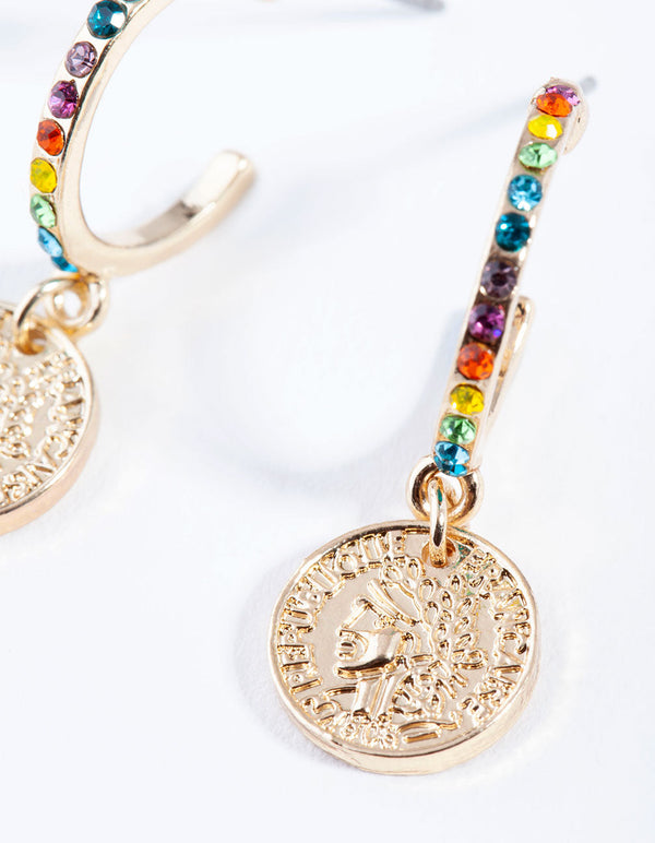 Gold Rainbow Diamante Circle Charm Earrings