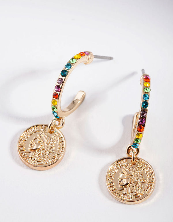 Gold Rainbow Diamante Circle Charm Earrings