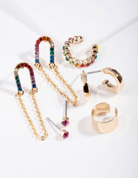 Gold Chain Link Rainbow Diamante Ear Stack - link has visual effect only
