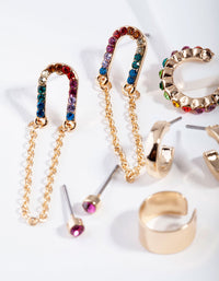 Gold Chain Link Rainbow Diamante Ear Stack - link has visual effect only