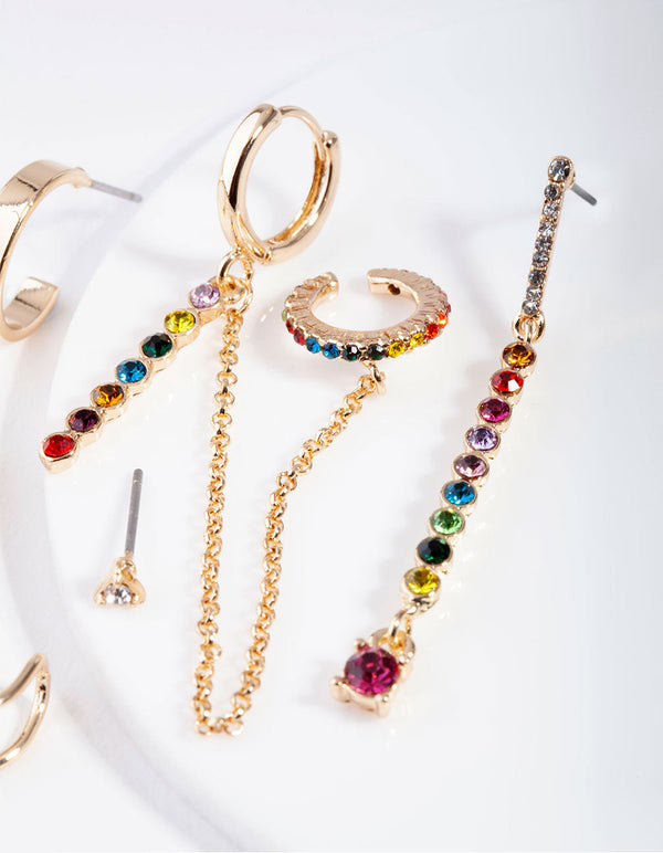 Gold Stone Rainbow Diamante Ear Stack
