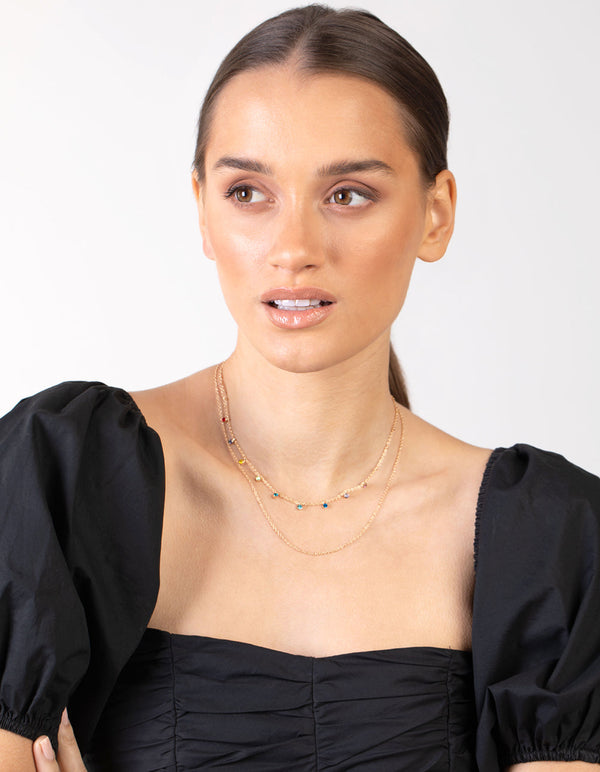 Gold Mini Rainbow Diamante Layered Necklace