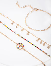 Gold Rainbow Diamante Peace Bracelet Anklet 4 Pack - link has visual effect only