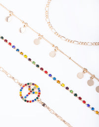 Gold Rainbow Diamante Peace Bracelet Anklet 4 Pack - link has visual effect only