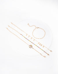 Gold Rainbow Diamante Peace Bracelet Anklet 4 Pack - link has visual effect only