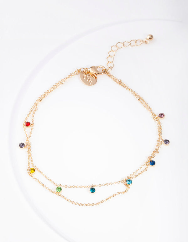 Gold Rainbow Diamante Multirow Anklet