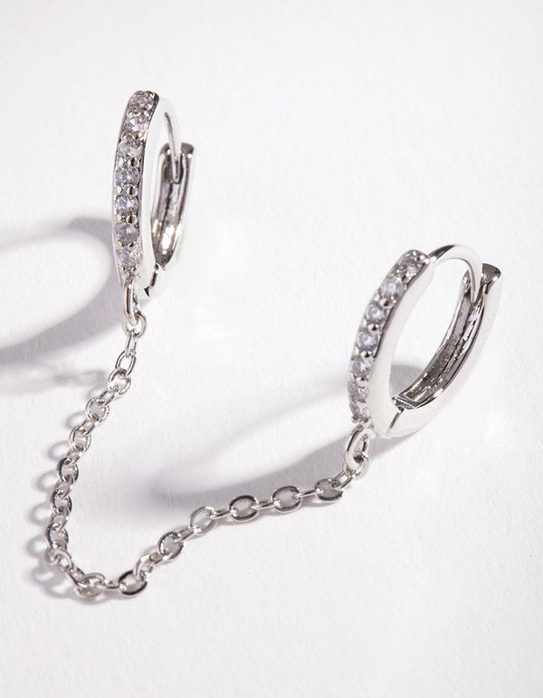 Rhodium Cubic Zirconia Double Huggie Earrings