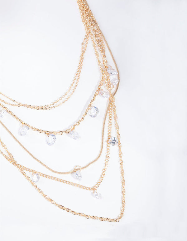 Gold Cubic Zirconia Chain 5 Row Necklace