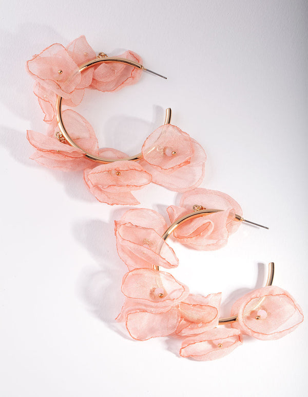 Gold Sheer Pink Flower Hoop Earrings