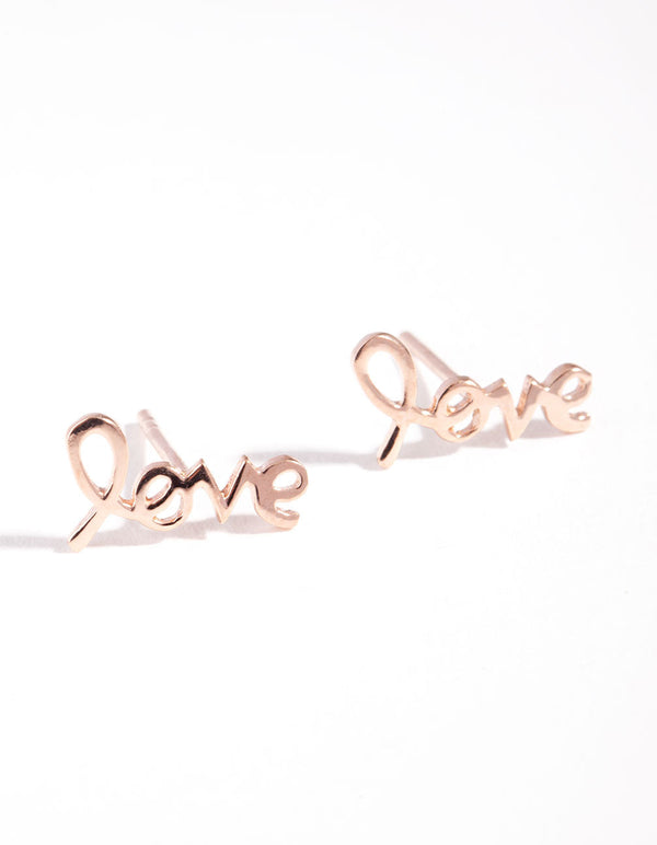 Kolczyki ze srebra próby 925 z napisem Love Script w kolorze różowego złota