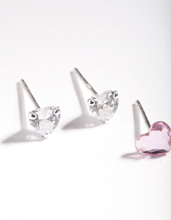 Sterling Silver Diamond Simulant and Cubic Zirconia Heart Stud Earring 2-Pack