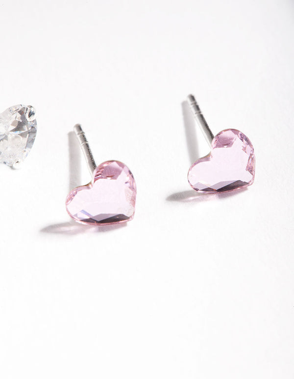 Sterling Silver Diamond Simulant and Cubic Zirconia Heart Stud Earring 2-Pack