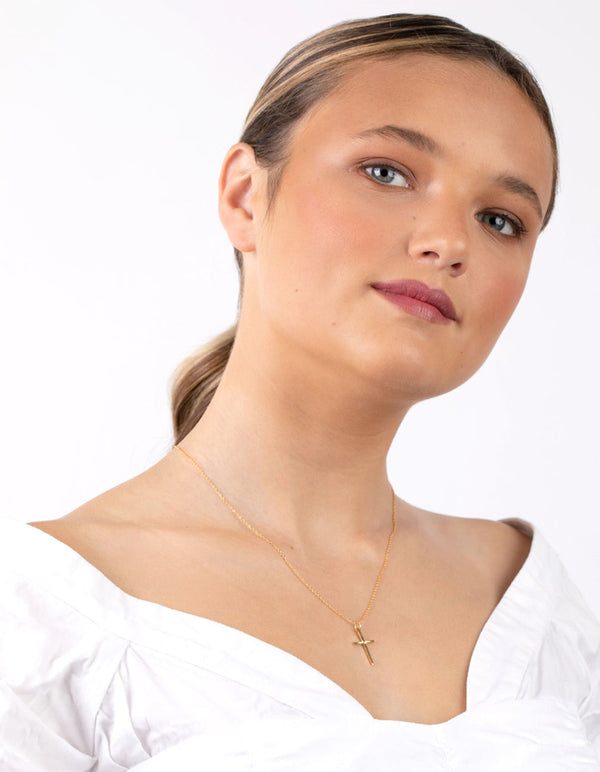 Sterling Silver Gold Diamante Cross Necklace