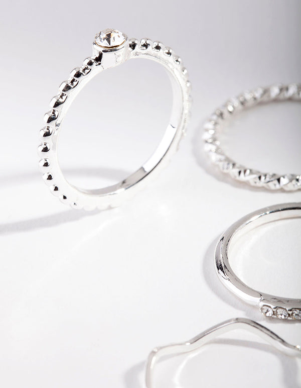 Silver Diamante Mixed Band Ring 6 Pack