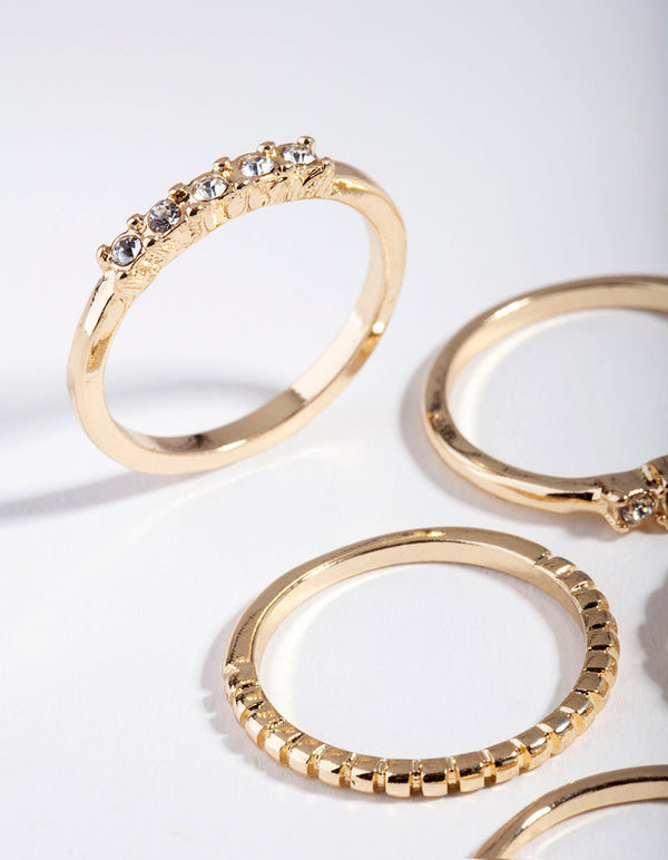 Gold Diamante and Chain Ring 5 Pack