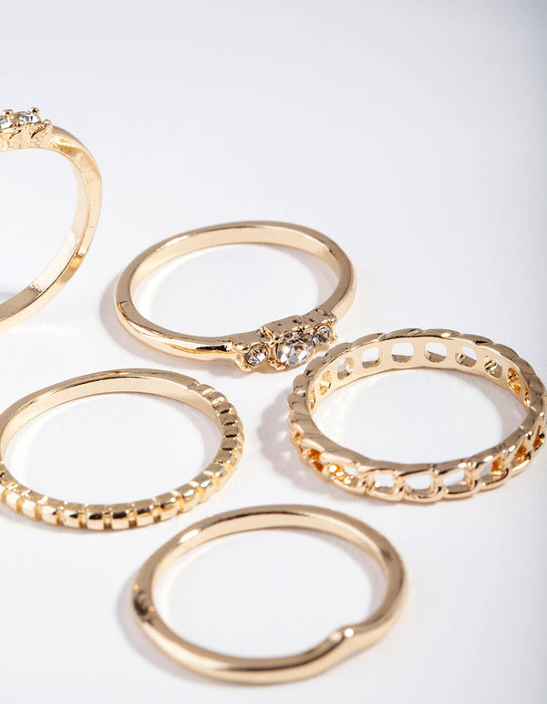 Gold Diamante and Chain Ring 5 Pack