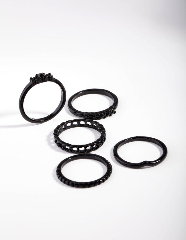 Black Diamante and Chain Ring 5 Pack