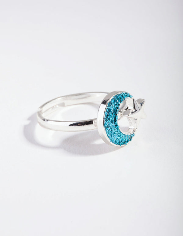 Kids Blue Silver Glitter Moon Ring