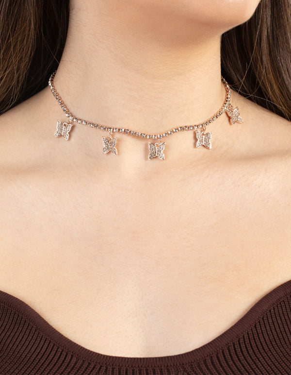 Rose Gold Butterfly Diamante Choker Necklace