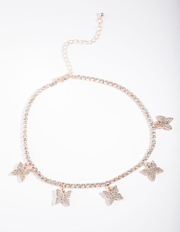 Rose Gold Butterfly Diamante Choker Necklace