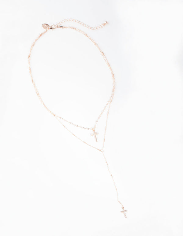 Rose Gold Cross Double Row Necklace