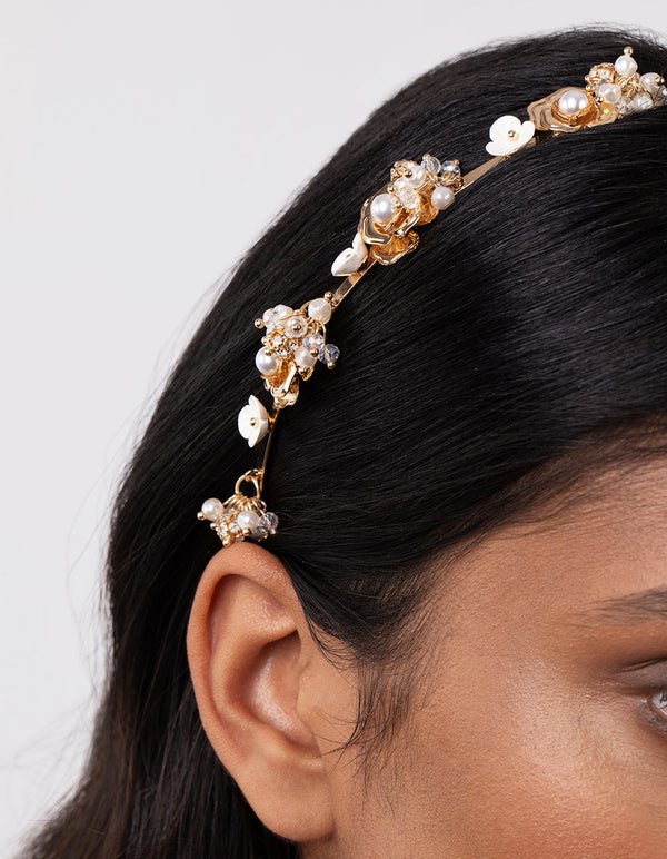 Gold Pearl and Flower Headband