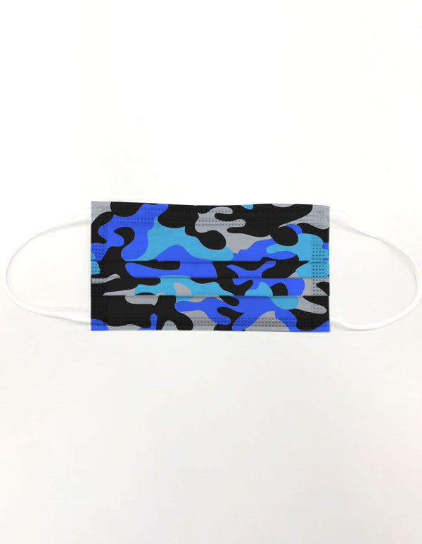 10 Pack Single Use Disposable Blue Camo Face Mask
