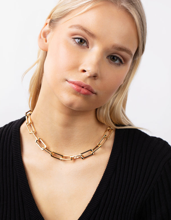 Real Gold Plated Large Rectangle Link Chain Necklace