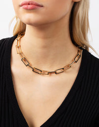 Real Gold Plated Large Rectangle Link Chain Necklace - link has visual effect only