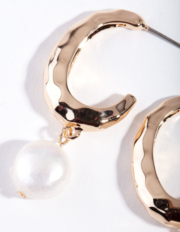 Gold Freshwater Pearl Drop Hoop Earring
